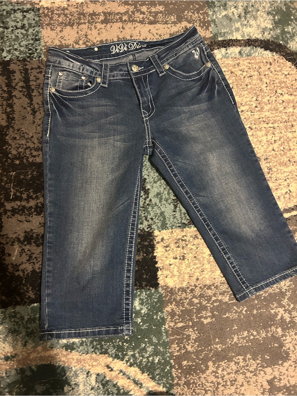 Women's Dark Blue Cropped Jeans - capri length with bedazzled details